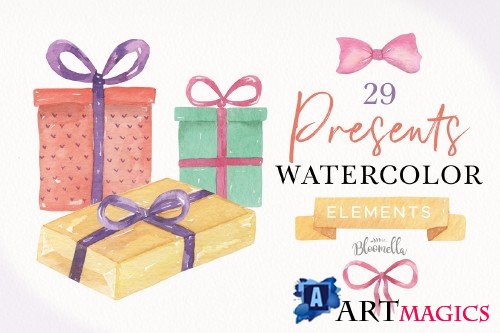 Watercolor Presents Gifts Tags Bows - 3496034