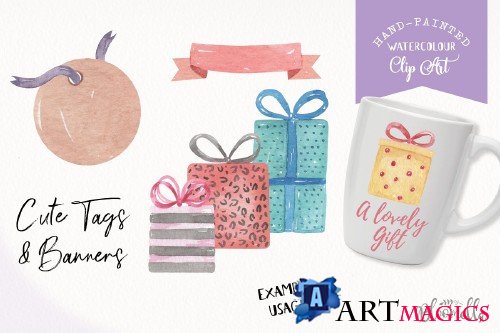 Watercolor Presents Gifts Tags Bows - 3496034