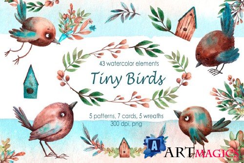 Tiny Birds - Watercolor Clip Art Set - 3056272
