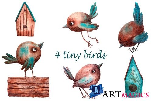 Tiny Birds - Watercolor Clip Art Set - 3056272