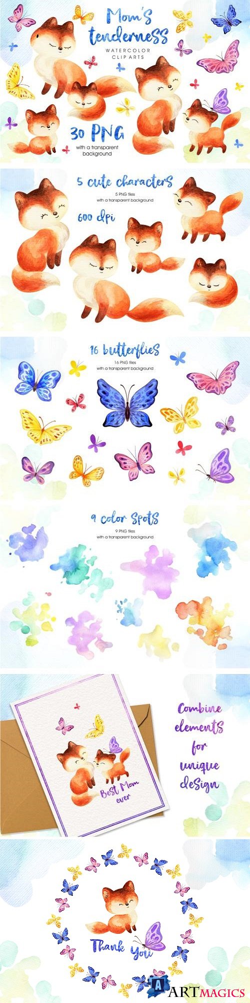 Mom's tenderness. Watercolor foxes and butterflies 242862