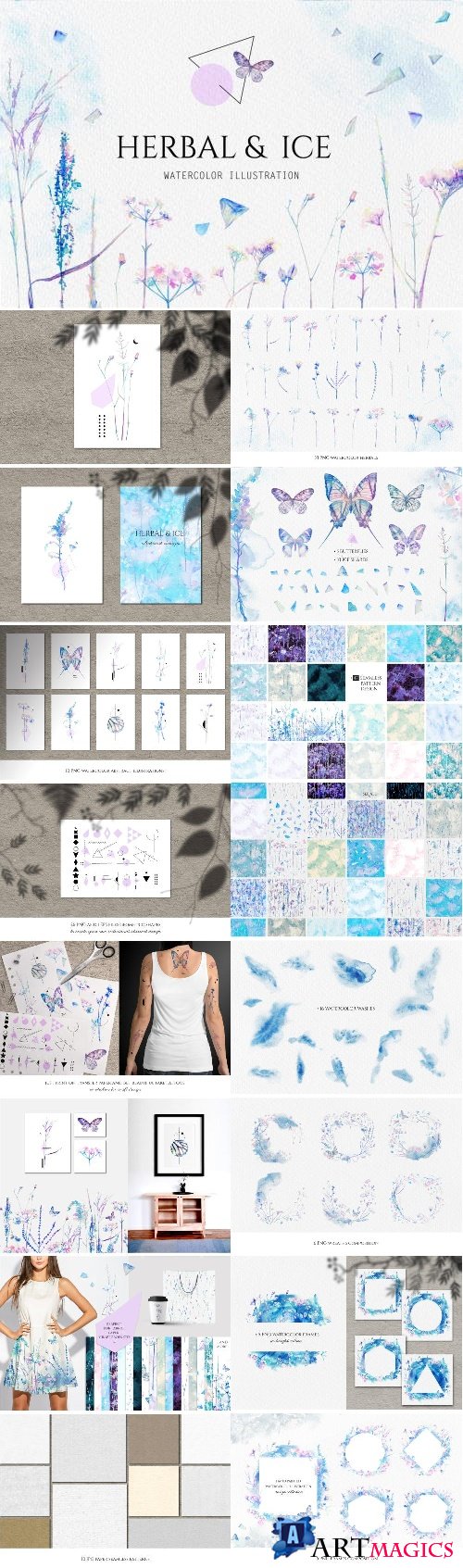 Watercolor floral design collection, herbal and ice - 153959