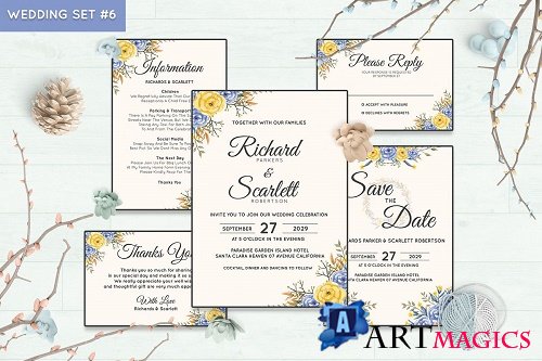 Wedding Invitation Set #6 Watercolor Floral Flower Style - 239684