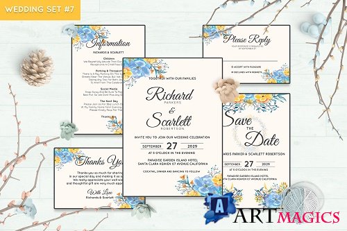 Wedding Invitation Set #7 Watercolor Floral Flower Style - 239685