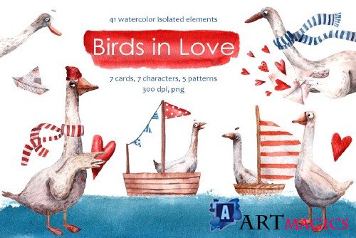 Birds in Love - Watercolor Clip Art - 2990758