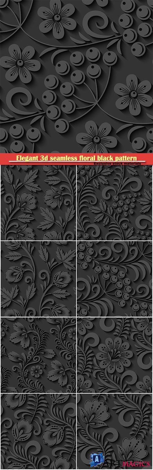 Elegant 3d seamless floral black pattern in vector Illustration