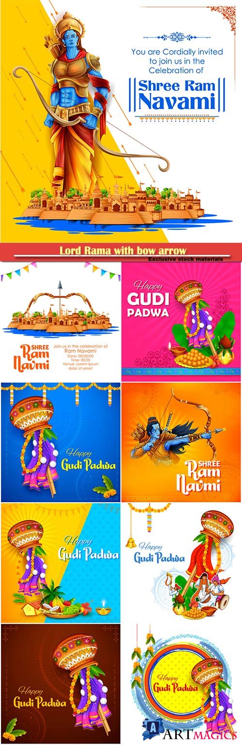 Lord Rama with bow arrow in Shree Ram Navami celebration, Gudi Padwa Lunar New Year background for religious holiday of India