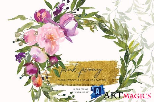 Watercolor Pink Peony Wreaths - 3695050