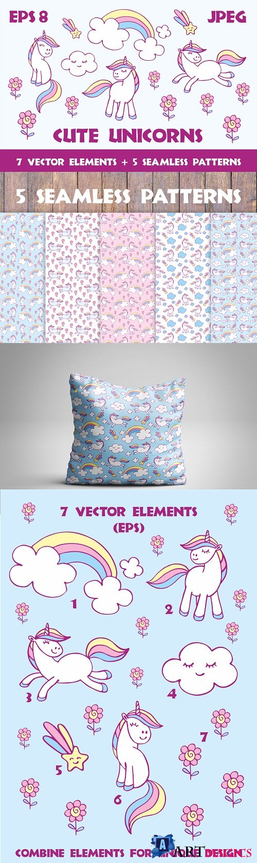 Cute unicorns. Vector elements and pattern - 20398