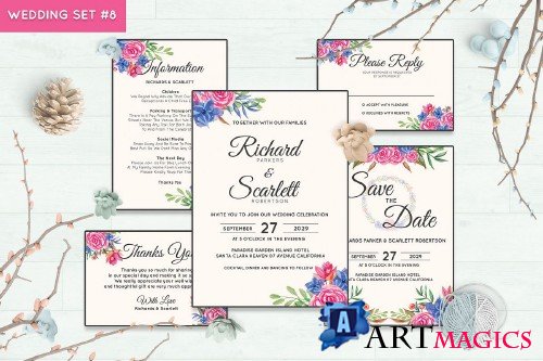 Wedding Invitation Set #8 Watercolor Floral Flower Style - 239687