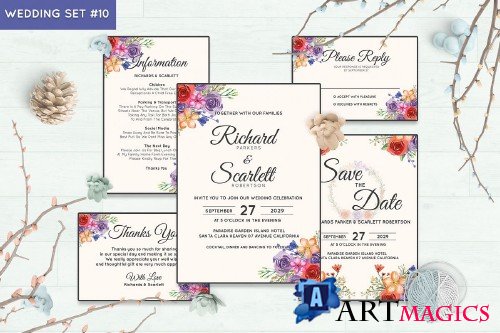 Wedding Invitation Set #10 Watercolor Floral Flower Style - 239691