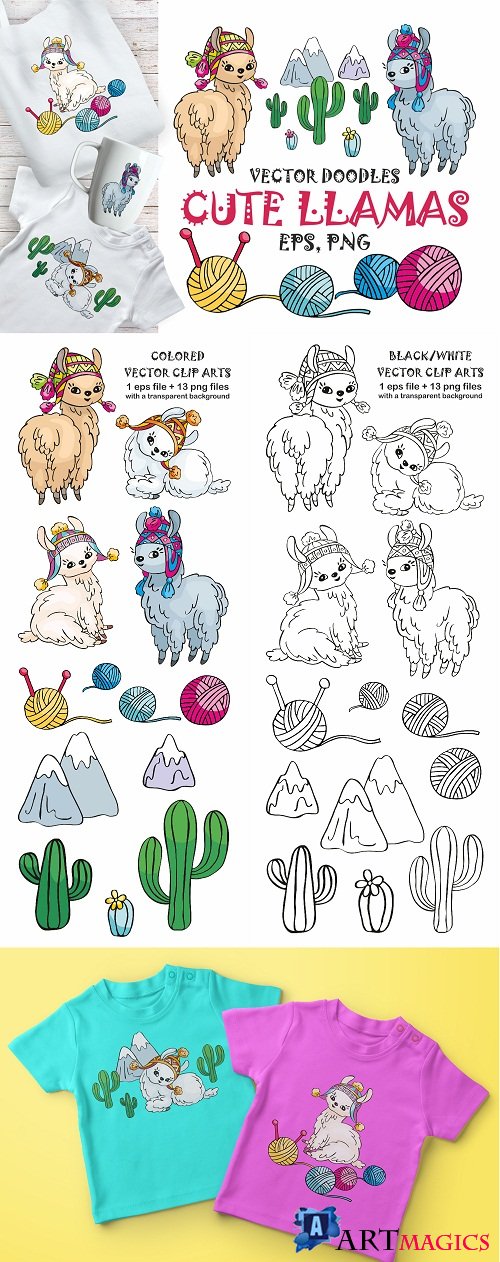 Cute llamas. Vector doodles mini set - 75216