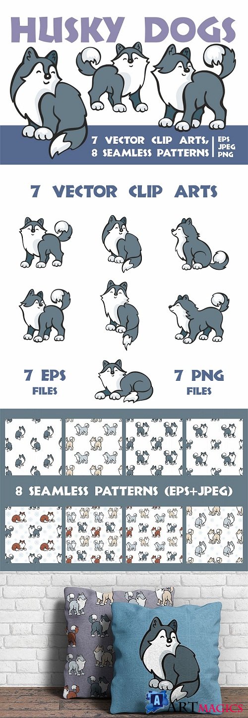 Cute husky dogs. Vector clip arts and seamless patterns - 23408