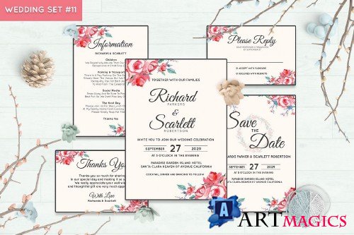 Wedding Invitation Set #11 Watercolor Floral Flower Style - 239693