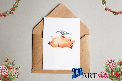 Merry Pigs - Watercolor Clip Art Set - 3207665