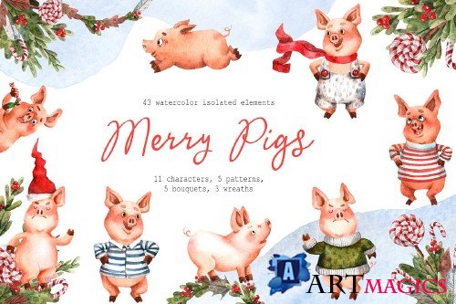 Merry Pigs - Watercolor Clip Art Set - 3207665