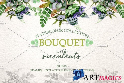 Bouquet with succulents Watercolor - 3705921