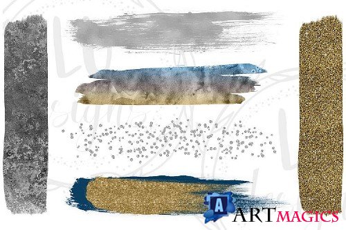 Gold, Silver, and Navy Blue Brush Strokes - 82635