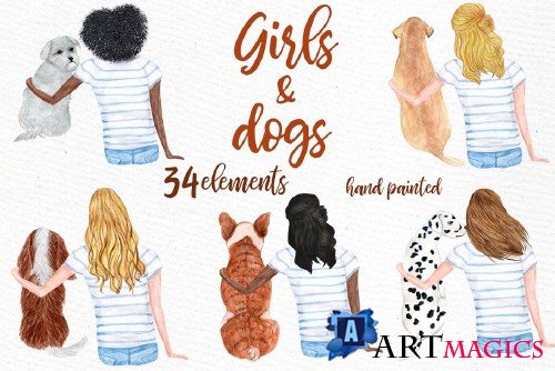 Watercolor Girls with Dogs clipart - 3697717