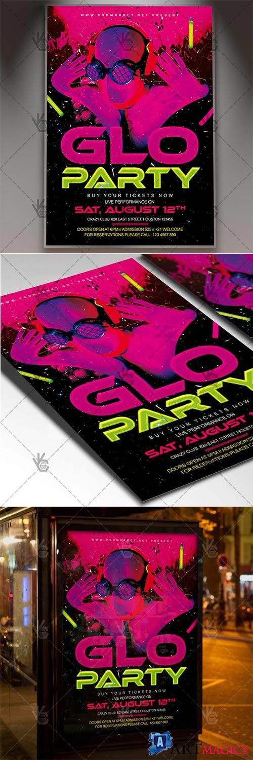 GLO Party  Club Flyer PSD Template