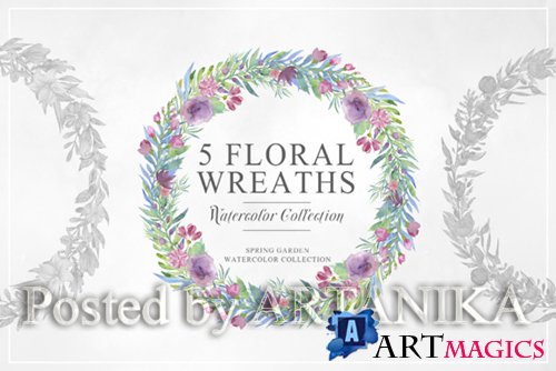 Five Floral Watercolor Wreaths