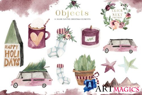 Plum Christmas Watercolor Clipart - 3120446