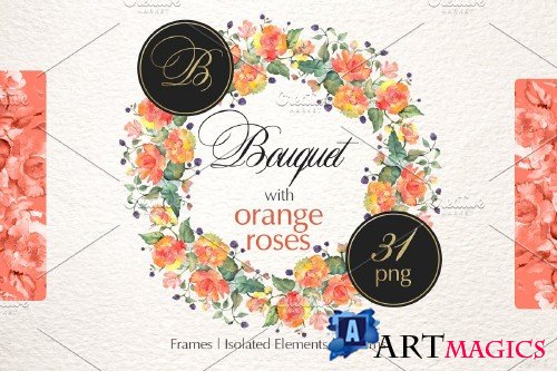 Bouquet with orange roses Watercolor - 3710436
