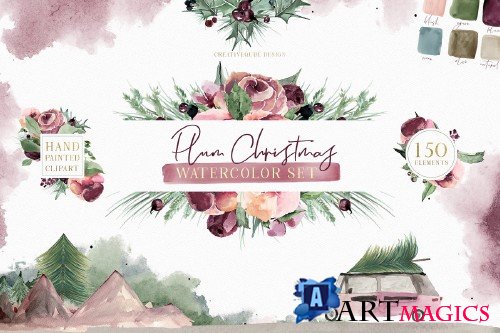 Plum Christmas Watercolor Clipart - 3120446