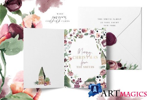 Plum Christmas Watercolor Clipart - 3120446