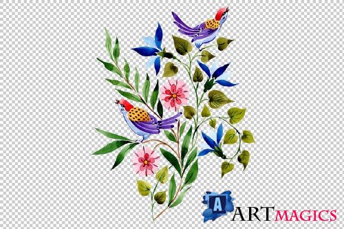 Ornament with birds PNG watercolor - 3099910