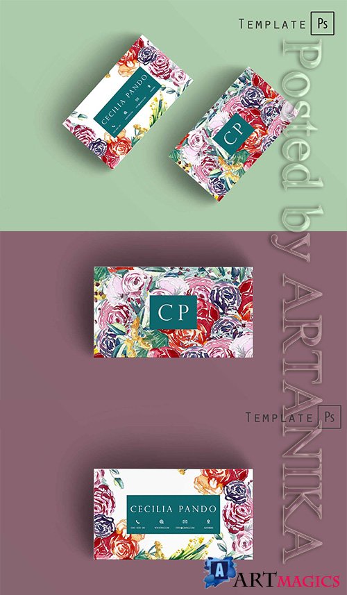 CreativeMarket - Watercolor flowers business card 2265998