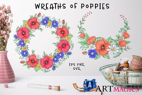 Cute Foxes and Poppies - Vector Clip Art - 3720165