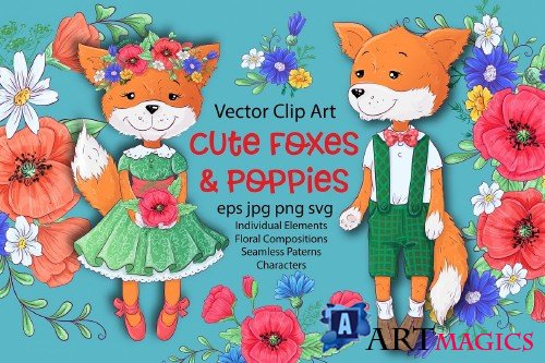 Cute Foxes and Poppies - Vector Clip Art - 3720165