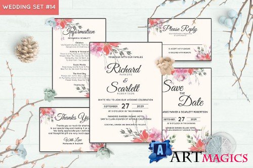 Wedding Invitation Set #14 Watercolor Floral Flower Style - 239698