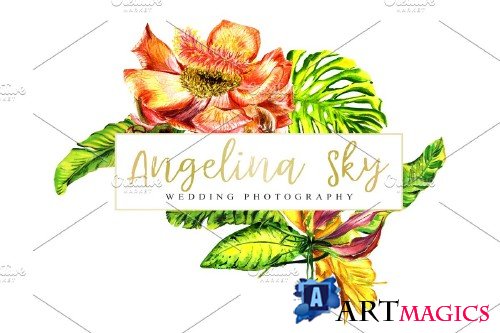LOGO with tropical flowers Watercolor - 3727221