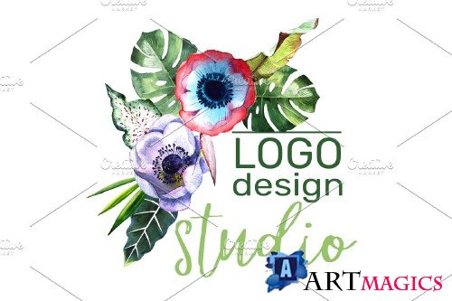 LOGO with tropical flowers Watercolor - 3727221