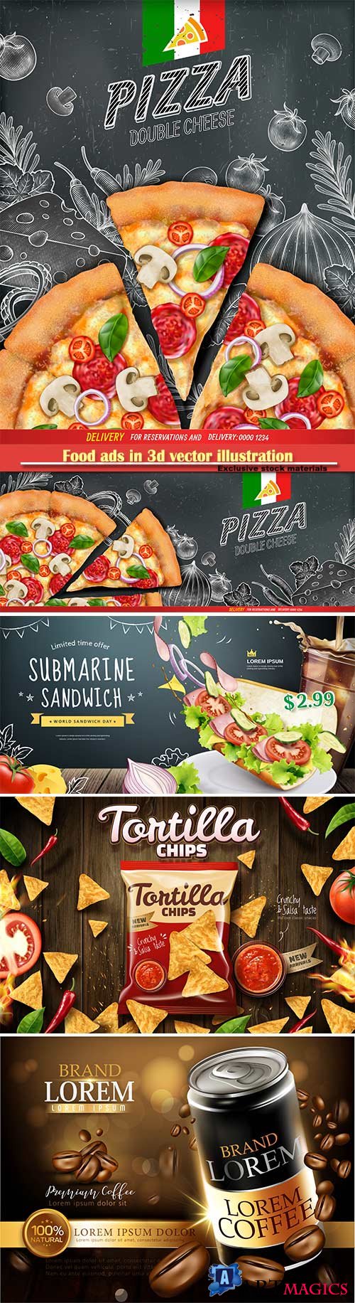 Food ads in 3d vector illustration