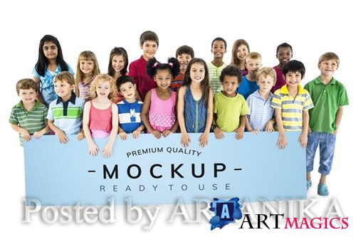 Diverse kids standing together with mockup banner