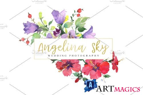 LOGO with red hibiscus and bluebells - 3727810