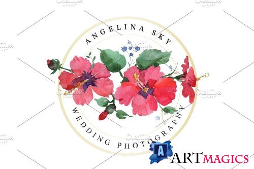 LOGO with red hibiscus and bluebells - 3727810
