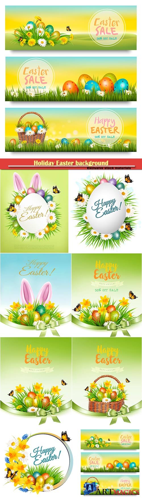 Holiday easter background with a colorful eggs and spring flowers