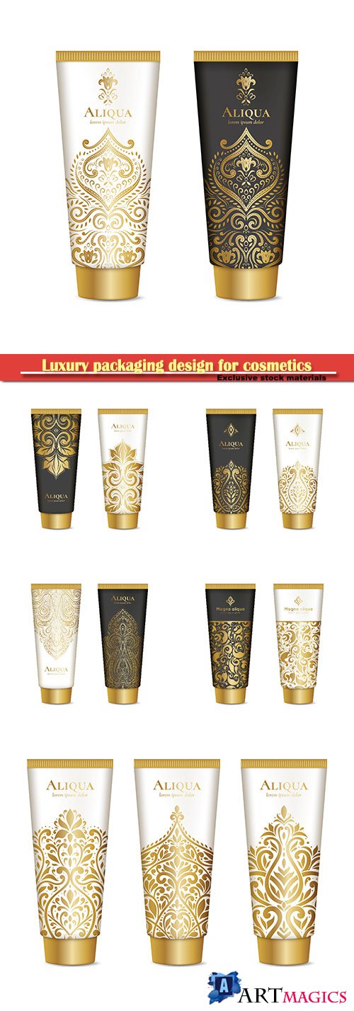 Luxury golden packaging design for cosmetics, gold vector ornament