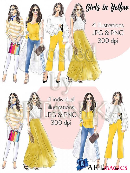 Designbundles - Girls in yellow watercolour fashion illustration clipart