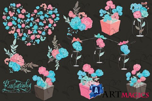 Ranunculus 01 Blue & Pink Flower Clipart
