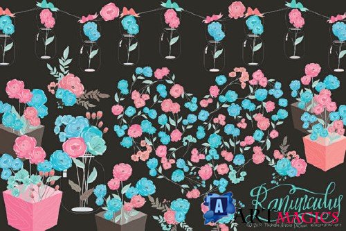 Ranunculus 01 Blue & Pink Flower Clipart