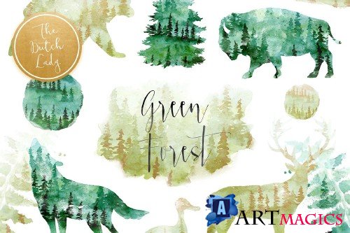 Green Winter Forest Animal Clipart - 3734763
