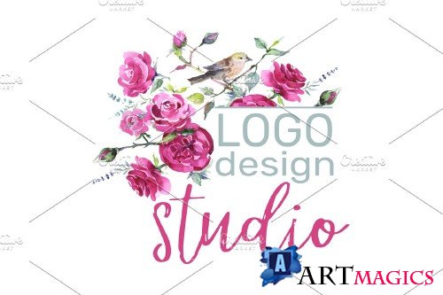 LOGO with roses and bird Watercolor - 3734432