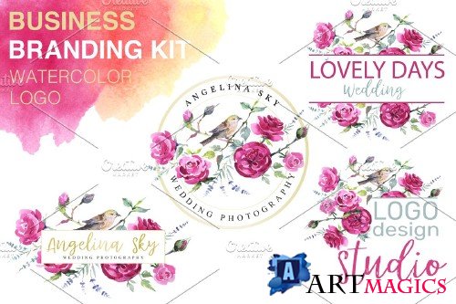 LOGO with roses and bird Watercolor - 3734432