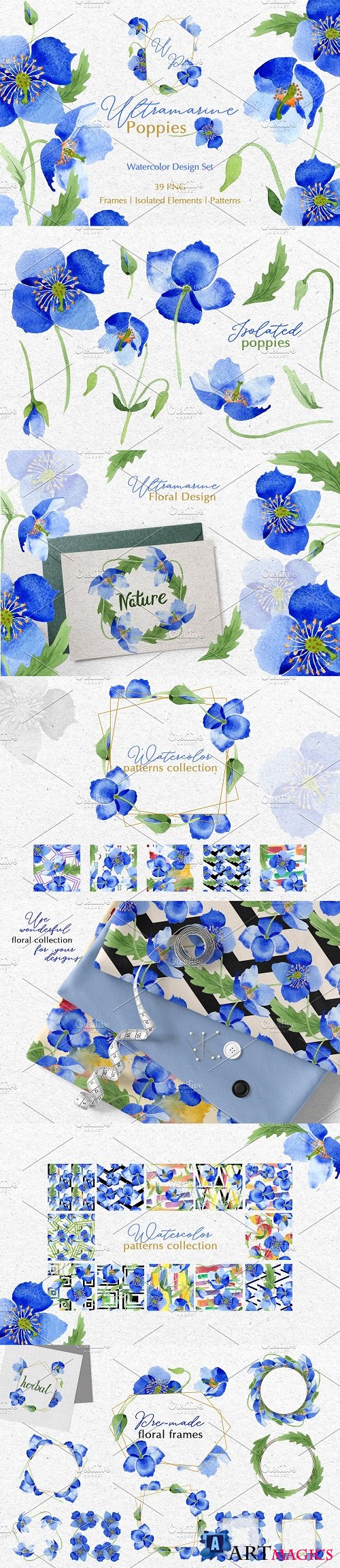 Ultramarine blue Poppies Watercolor - 3739115