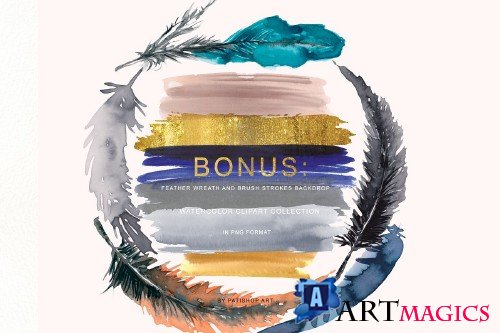 Watercolor & Gold Feather Clipart - 3736999